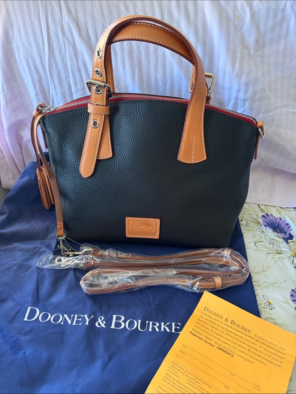 Dooney & Bourke Black Pebbled Leather Satchel with Tan Trim and Red Zip